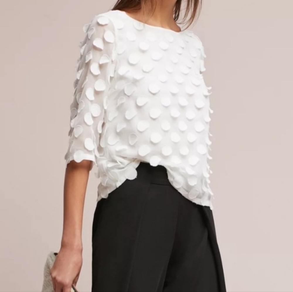 Anthropologie Dottie White Polka-dot Mid Sleeve Top Size 4